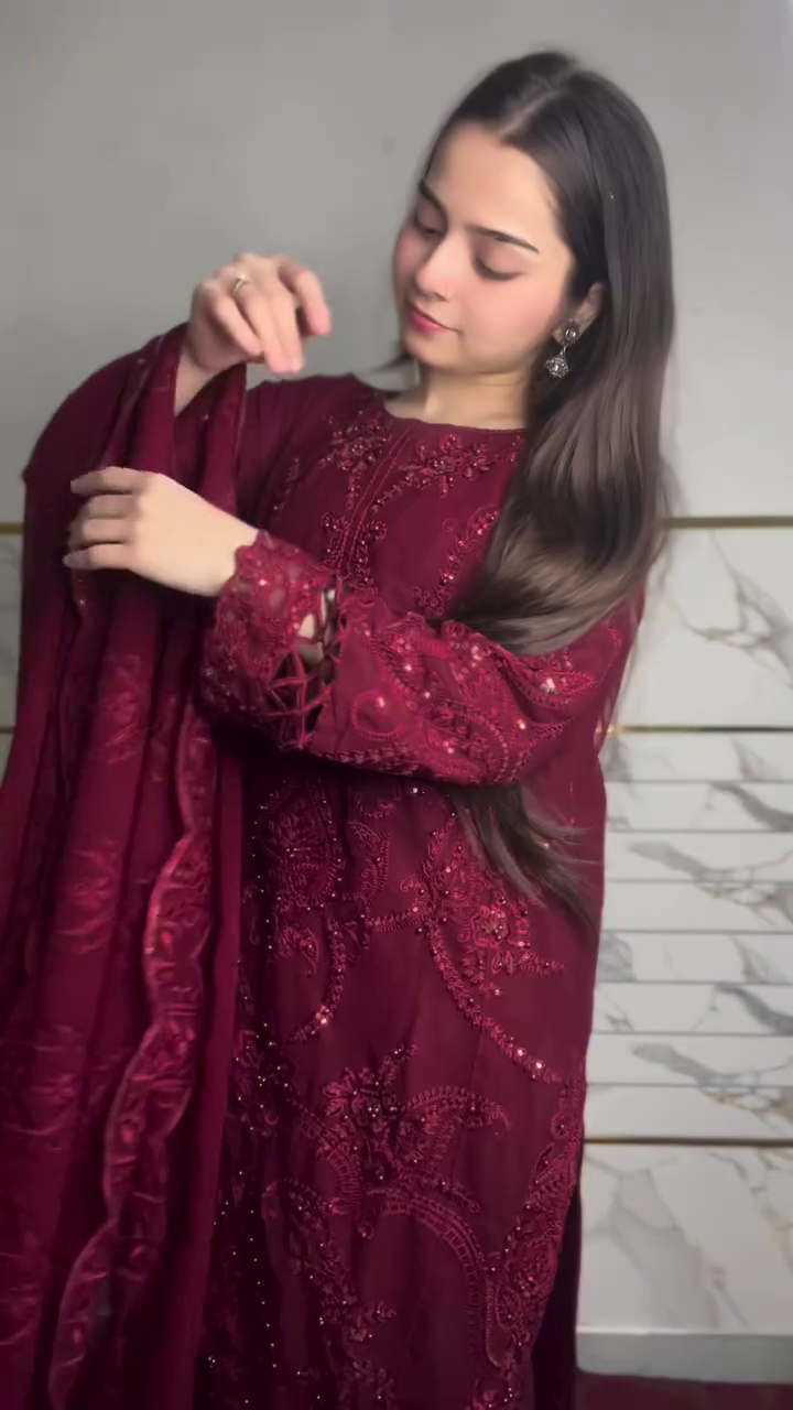 Wine Embroidered Festive Suit