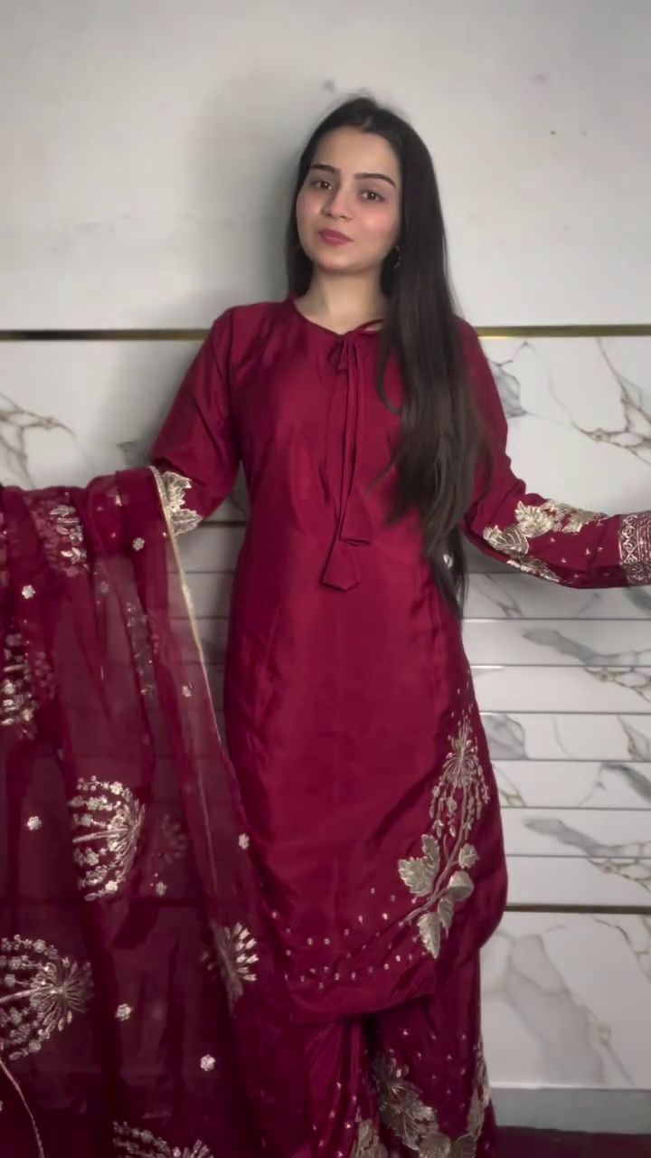 Wine Embroidered Festive Suit - Image 3