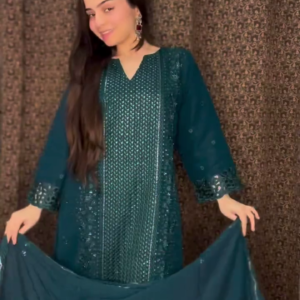 Teal Green Embroidered Suit Set