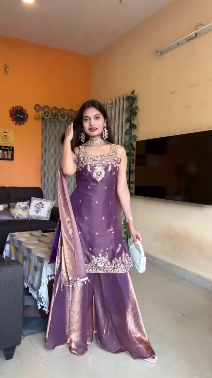 Purple Silk Kurta Palazzo Set - Image 5