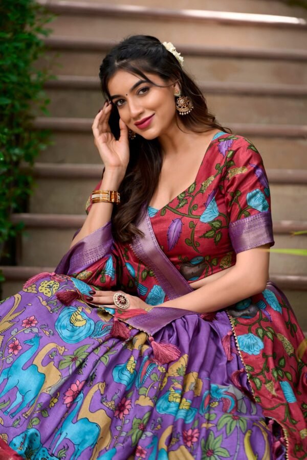 1222LUVCLO.jpg Lavender Color Kalamkari Print With Zari Weaving Dola Silk Voni Lehenga Choli
