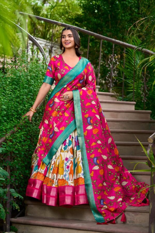1222WHTMAIN.jpg White Dola Silk Lehenga Choli Set with Kalamkari Print and Zari Weaving