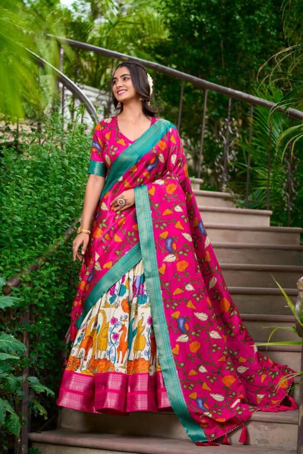 1222WHTMAIN1.jpg White Dola Silk Lehenga Choli Set with Kalamkari Print and Zari Weaving