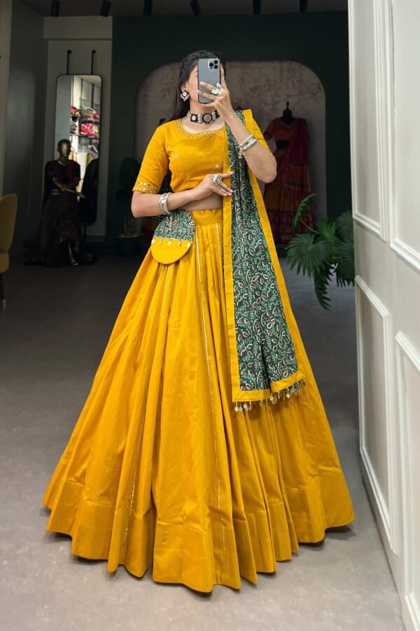 1697MSTMAIN.jpg Mustard Color Plain With Gota Patti Cotton Lehenga Choli by Suratikart