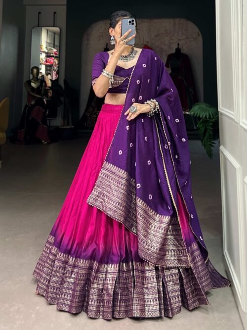 1907PNKMAIN2.jpg Lovely Pink Chanderi Lehenga with Zari Weaving Work and Bandhej Print Dupatta