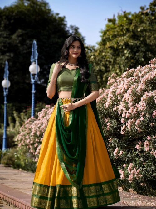 2001YLWMAIN.jpg Yellow Color Zari Weaving Work Kanchipuram Haldi Lehenga Choli