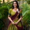 Olive Green South Style Poly Cotton Half Saree Lehenga with Georgette Dupatta