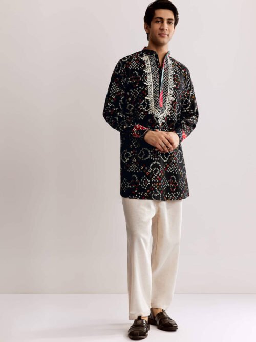 360_1 Black Silk Kurta Set with Bandhani Print