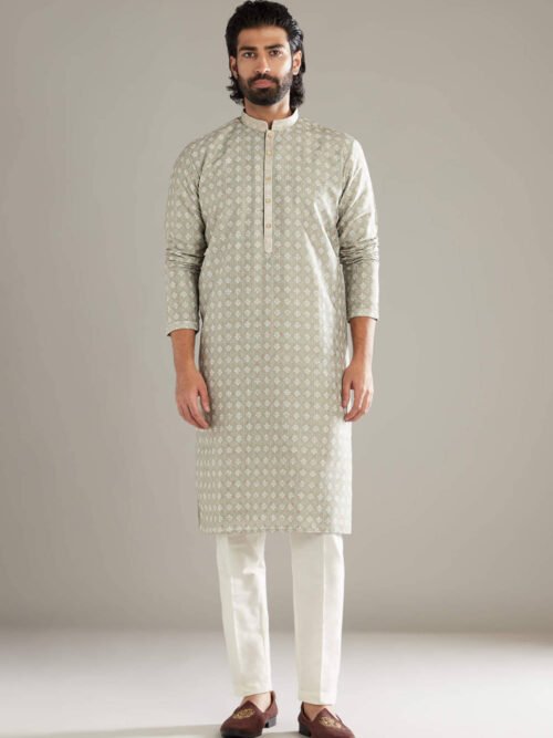 363_1 Green Silk Kurta Set For Men With Printed Motifs