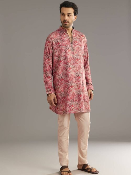 366_1 Red Pashmina Silk Zipper Kurta Set with Paisley Swirl Print