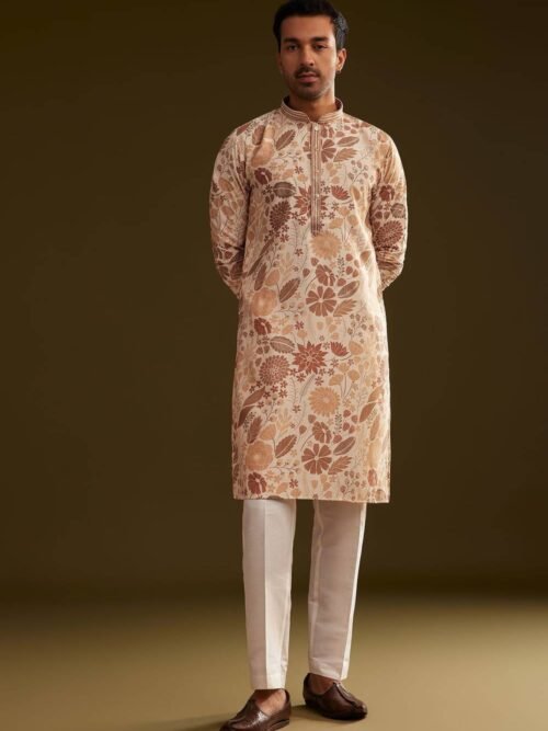368_1 Cream Brown Silk Floral Printed Kurta Set