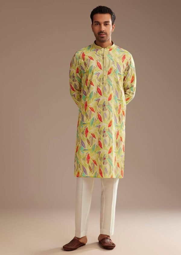369_1 Lime Green Silk Leaf Printed Kurta Set