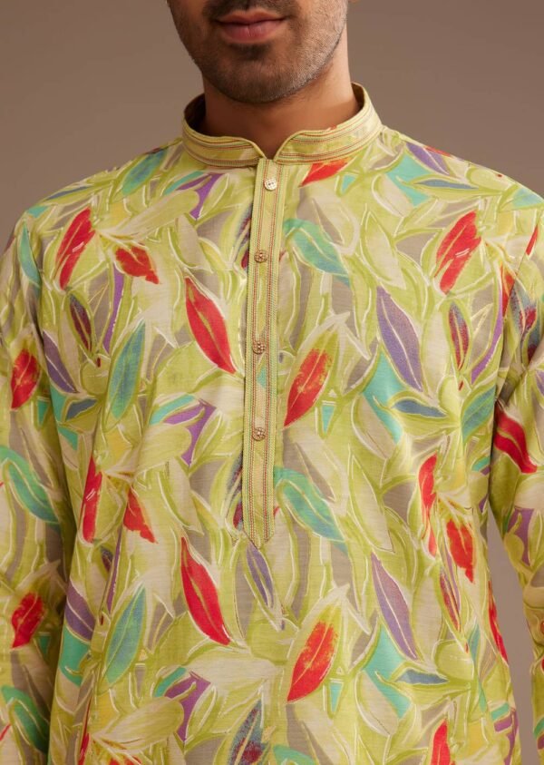 369_3 Lime Green Silk Leaf Printed Kurta Set