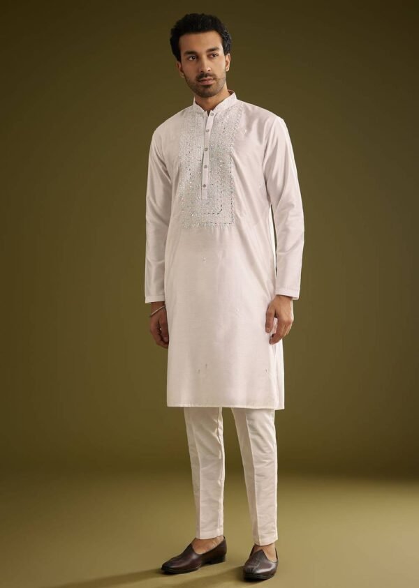 372_1 Off White Silk Kurta Set With Thread And Mirror Work
