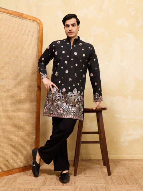 374_1 Royal Black Embroidered Designer Kurta Set with Premium Finish