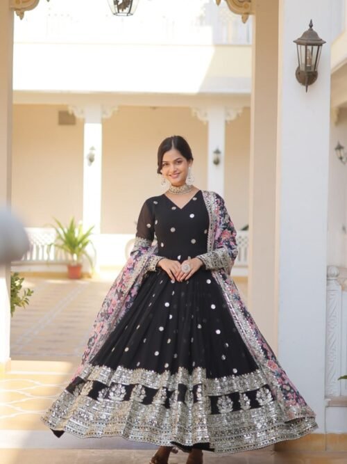 KA-1078BLACK_1.jpg Black Heavy Embroidery Work Gown with Dupatta