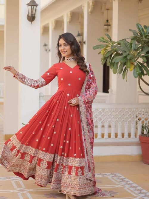 Orange Heavy Embroidery Work Gown with Dupatta