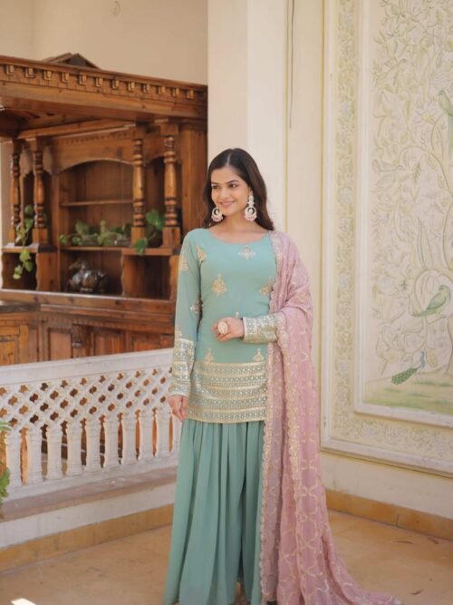 KA-1079GREEN_1.jpg Light Green Palazzo Suit with Dupatta