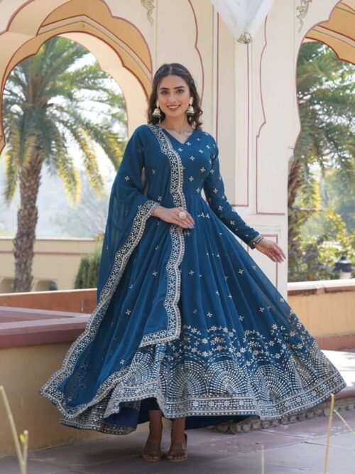 KA-1084BLUE_5.jpg Blue Wedding Wear Heavy Sequence Work Gown with Dupatta