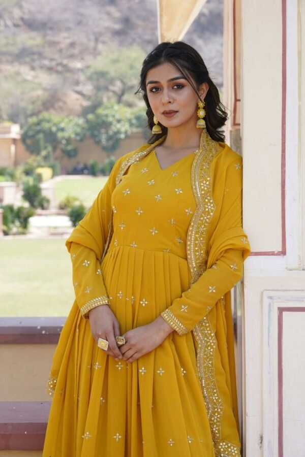 KA-1084YELLOW_2.jpg Yellow Wedding Wear Heavy Sequence Work Gown with Dupatta