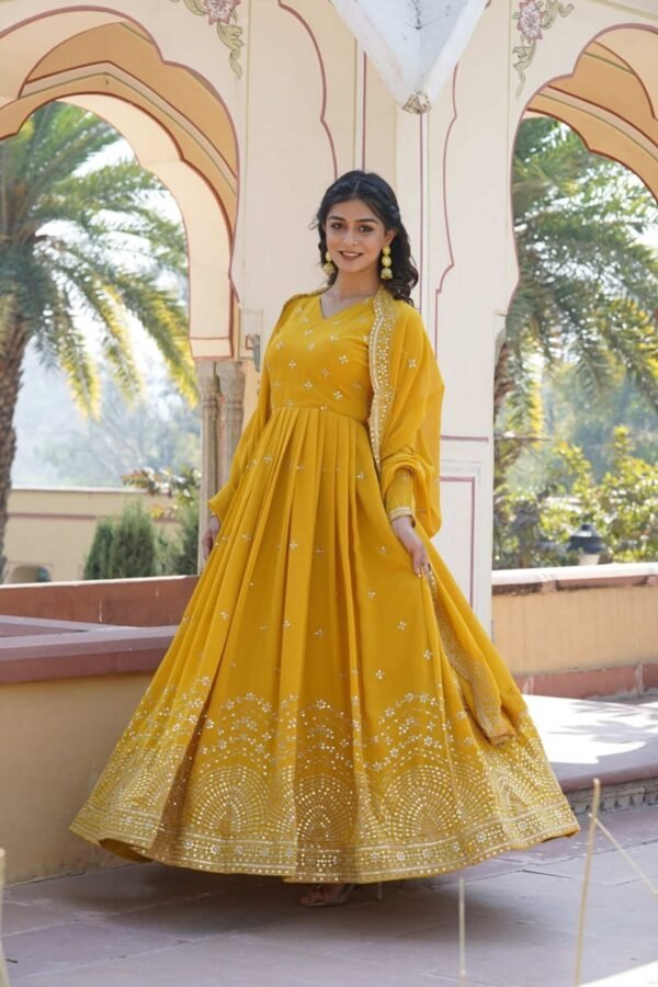 KA-1084YELLOW_3.jpg Yellow Wedding Wear Heavy Sequence Work Gown with Dupatta