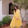 Yellow Cotton Kurti Pant Set with Embroidered Work