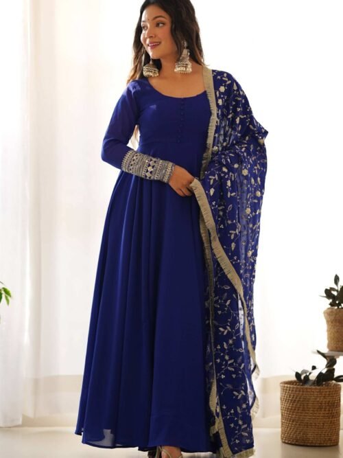 KB-241BLUE_4.jpg Dazzling Blue Georgette Gown Sophisticated Embroidered Detail