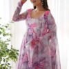 Exquisite Pink Organza Floral Print Anarkali Suit with Dupatta