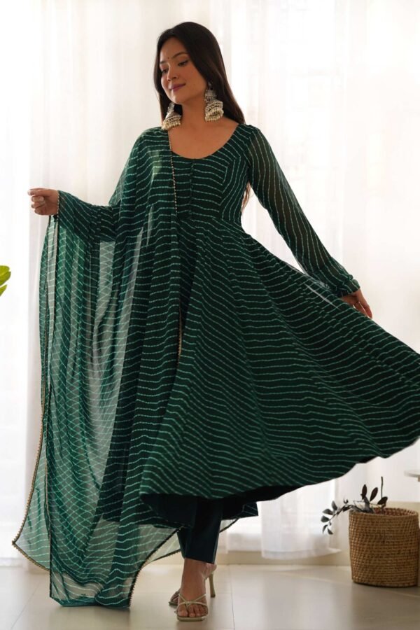 Exquisite Bottle Green Laheriya Print Georgette Anarkali Suit with Dupatta