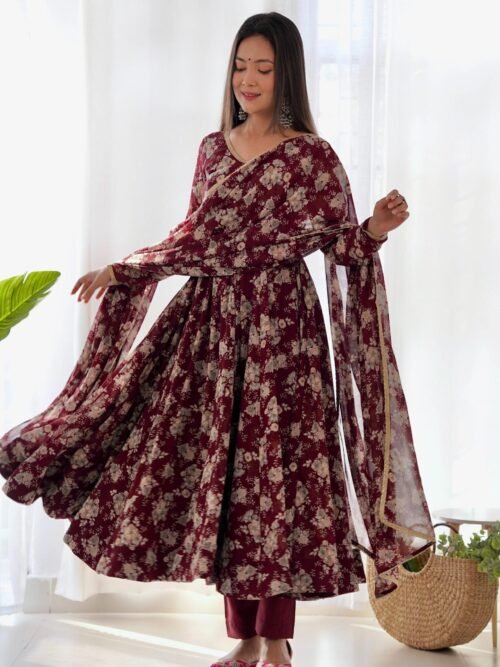 KB-271MAROON_3.jpg Elegant Multi Floral Print Fox Georgette Anarkali Suit Set