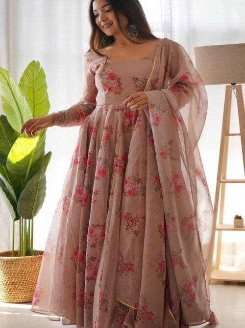 NKB-17_1.jpg Elegant Beige Tabby Organza Floral Print Gown with Dupatta