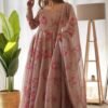 NKB-17_2.jpg Elegant Beige Tabby Organza Floral Print Gown with Dupatta