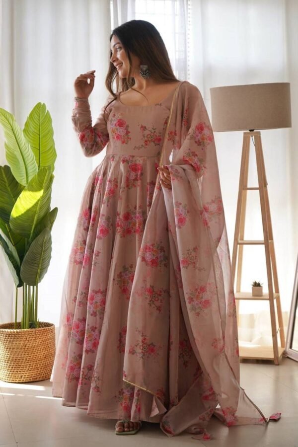 NKB-17_2.jpg Elegant Beige Tabby Organza Floral Print Gown with Dupatta