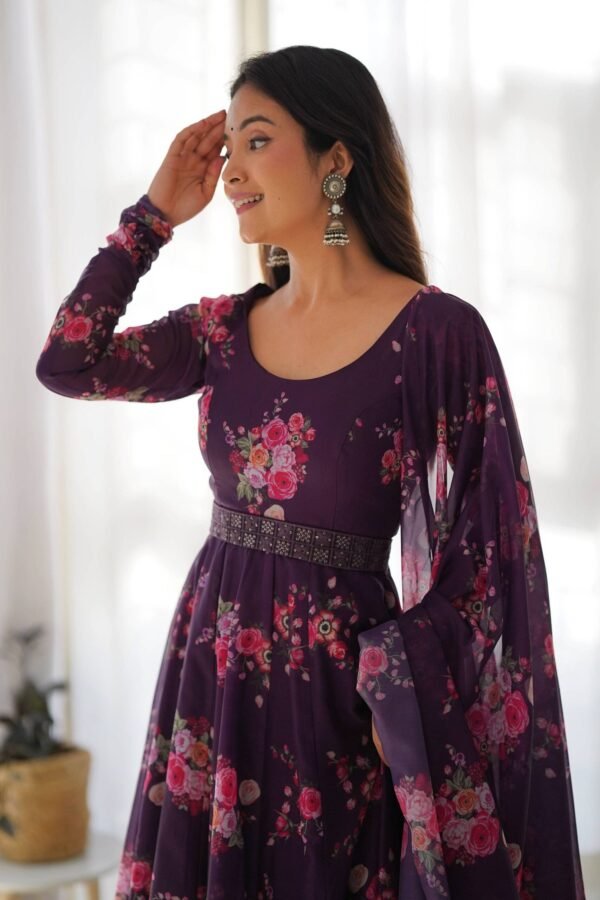 NKB-26WINE_5.jpg Feel Like Royalty in this Wine Color Floral Gown with Lucknowi Belt and Dupatta