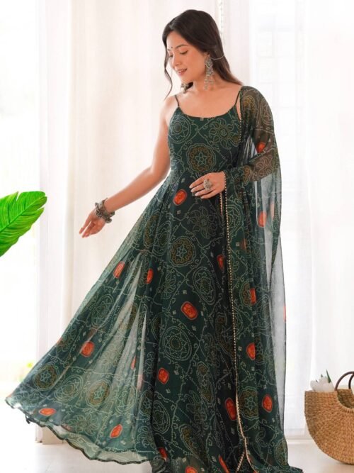 NKB-31DARKGREEN_1.jpg Green Bandhej Print Chiffon Gown with Dupatta - Lightweight & Flowy