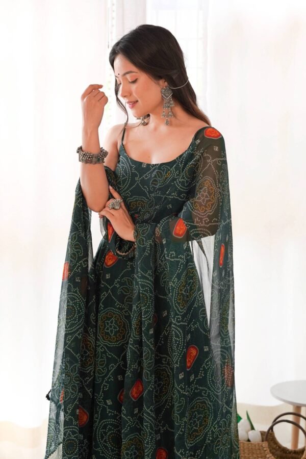 NKB-31DARKGREEN_4.jpg Green Bandhej Print Chiffon Gown with Dupatta - Lightweight & Flowy