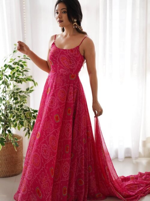 NKB-31PINK_1.jpg Flaunt Your Style with our Ready-to-Wear Pink Bandhej Print Chiffon Gown