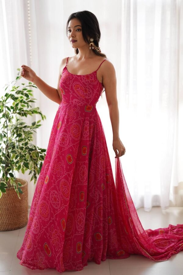 NKB-31PINK_1.jpg Flaunt Your Style with our Ready-to-Wear Pink Bandhej Print Chiffon Gown