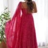 NKB-31PINK_4.jpg Flaunt Your Style with our Ready-to-Wear Pink Bandhej Print Chiffon Gown