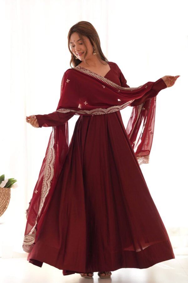 NKB-40MAROON_2.jpg Elegant Maroon Roman Chanderi Silk Anarkali Set with Dupatta and Pants