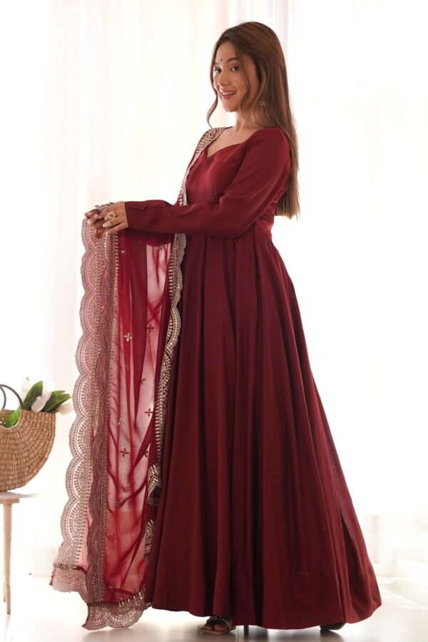 NKB-40MAROON_4.jpg Elegant Maroon Roman Chanderi Silk Anarkali Set with Dupatta and Pants