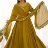 NKB-40_MUSTARD_1.jpg Mustard Chanderi Roman Silk Anarkali Gown with Embroidered Dupatta