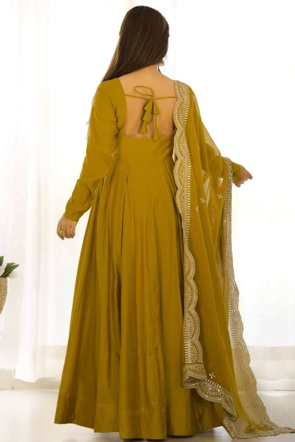 NKB-40_MUSTARD_4.jpg Mustard Chanderi Roman Silk Anarkali Gown with Embroidered Dupatta