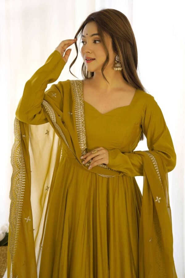 NKB-40_MUSTARD_5.jpg Mustard Chanderi Roman Silk Anarkali Gown with Embroidered Dupatta