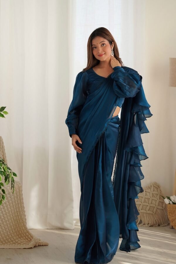 NKB-42TealBlue_3.jpg Blue Color Party Wear Pre-Wrapped Ruffle Saree