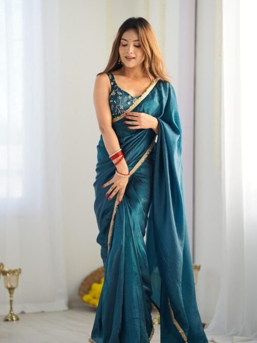 NKB-44TEALBLUE_1.jpg Luxurious Teal Blue Saree in Gold Crush Tissue Silk
