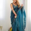 NKB-44TEALBLUE_2.jpg Luxurious Teal Blue Saree in Gold Crush Tissue Silk
