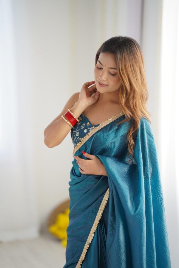 NKB-44TEALBLUE_3.jpg Luxurious Teal Blue Saree in Gold Crush Tissue Silk