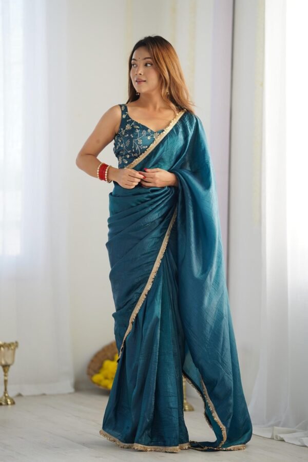 NKB-44TEALBLUE_5.jpg Luxurious Teal Blue Saree in Gold Crush Tissue Silk