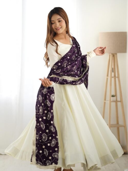 NKB-45PURPLE_5.jpg White Silk Anarkali Gown with Purple Heavy Embroidered Dupatta